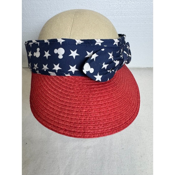 Disney Parks Visor Hat Stars Micky Mouse Bow Red White Blue Adjustable Beach Cap - Picture 1 of 8